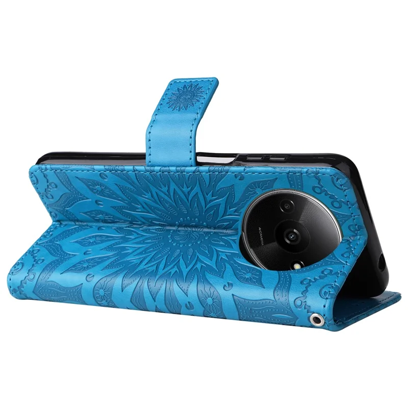 For Xiaomi Redmi A3 4G / Poco C61 4G Phone Case Sunflower Imprinted Leather Wallet Stand Cover with Strap - Blue
