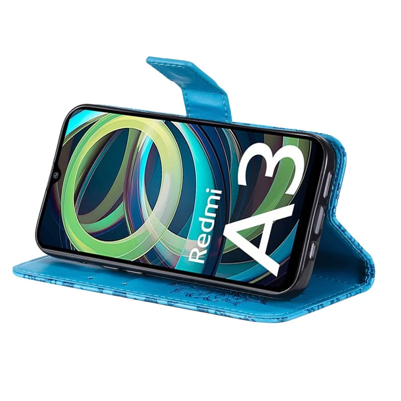 For Xiaomi Redmi A3 4G / Poco C61 4G Phone Case Sunflower Imprinted Leather Wallet Stand Cover with Strap - Blue