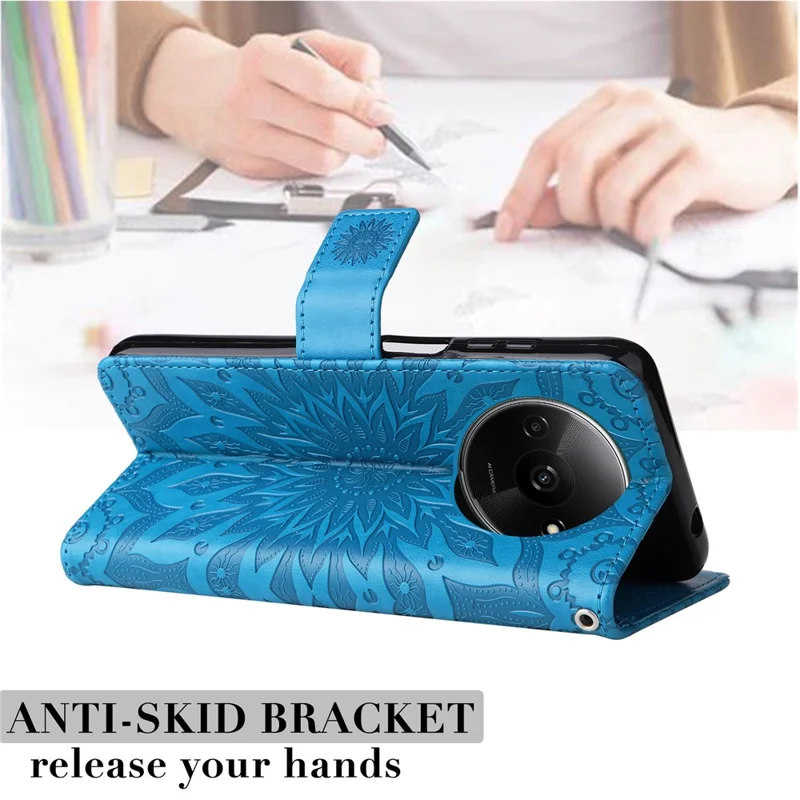 For Xiaomi Redmi A3 4G / Poco C61 4G Phone Case Sunflower Imprinted Leather Wallet Stand Cover with Strap - Blue