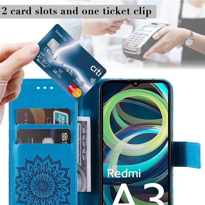 For Xiaomi Redmi A3 4G / Poco C61 4G Phone Case Sunflower Imprinted Leather Wallet Stand Cover with Strap - Blue