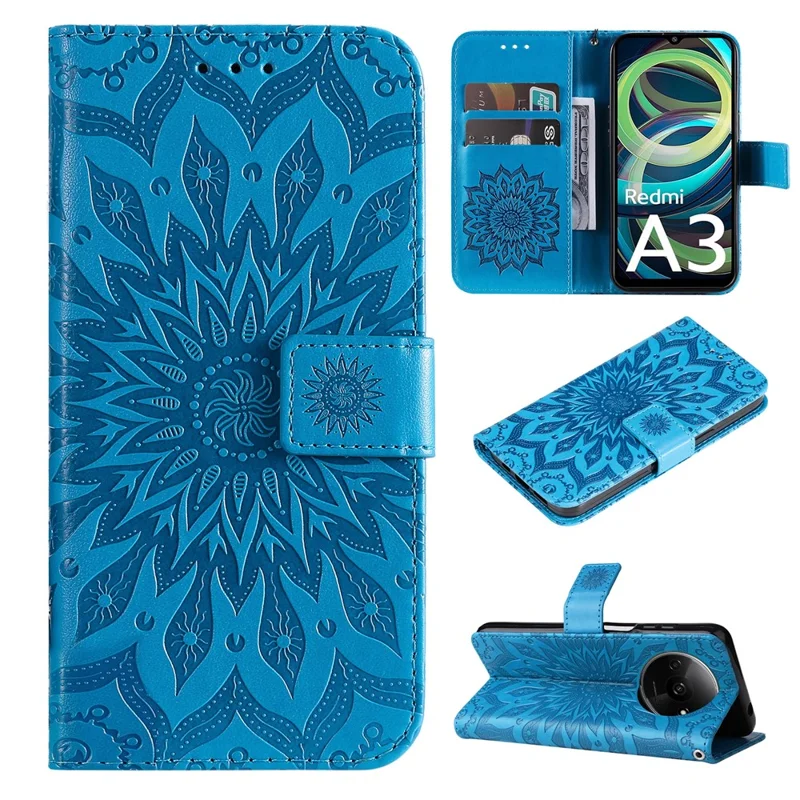 For Xiaomi Redmi A3 4G / Poco C61 4G Phone Case Sunflower Imprinted Leather Wallet Stand Cover with Strap - Blue