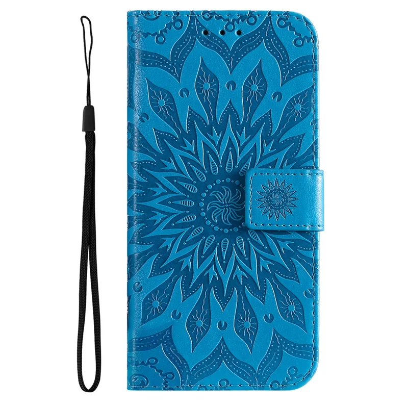 For Xiaomi Redmi A3 4G / Poco C61 4G Phone Case Sunflower Imprinted Leather Wallet Stand Cover with Strap - Blue
