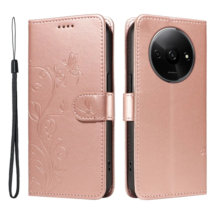 For Xiaomi Redmi A3 / Poco C61 4G PU Leather Cases Flower Pattern Wallet Stand Phone Cover with Strap - Rose Gold