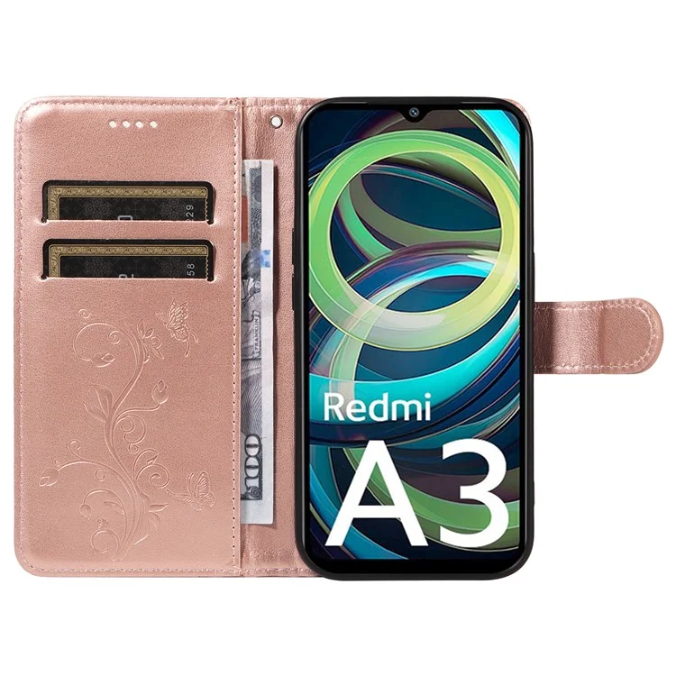 For Xiaomi Redmi A3 / Poco C61 4G PU Leather Cases Flower Pattern Wallet Stand Phone Cover with Strap - Rose Gold