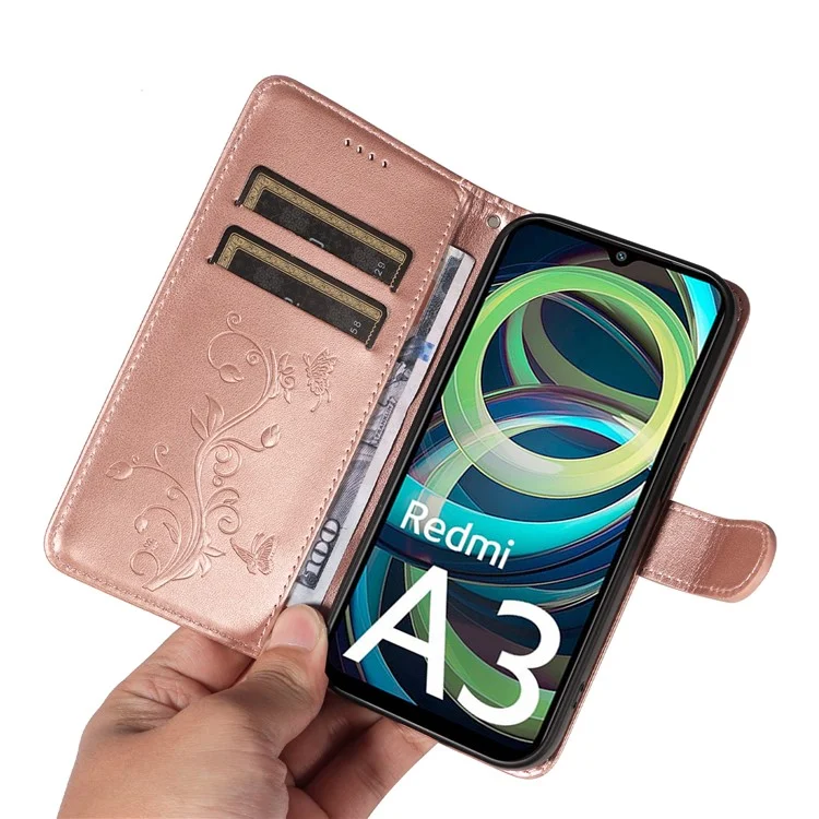 For Xiaomi Redmi A3 / Poco C61 4G PU Leather Cases Flower Pattern Wallet Stand Phone Cover with Strap - Rose Gold