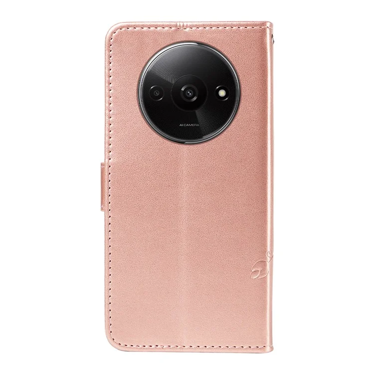 For Xiaomi Redmi A3 / Poco C61 4G PU Leather Cases Flower Pattern Wallet Stand Phone Cover with Strap - Rose Gold