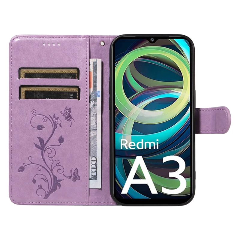 For Xiaomi Redmi A3 / Poco C61 4G PU Leather Cases Flower Pattern Wallet Stand Phone Cover with Strap - Purple