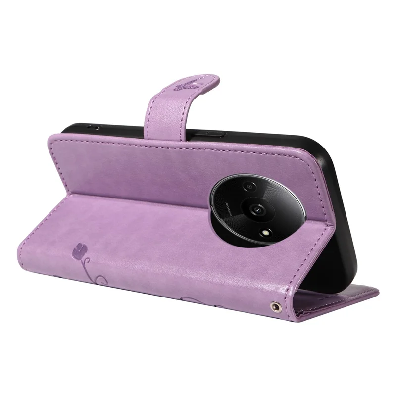 For Xiaomi Redmi A3 / Poco C61 4G PU Leather Cases Flower Pattern Wallet Stand Phone Cover with Strap - Purple