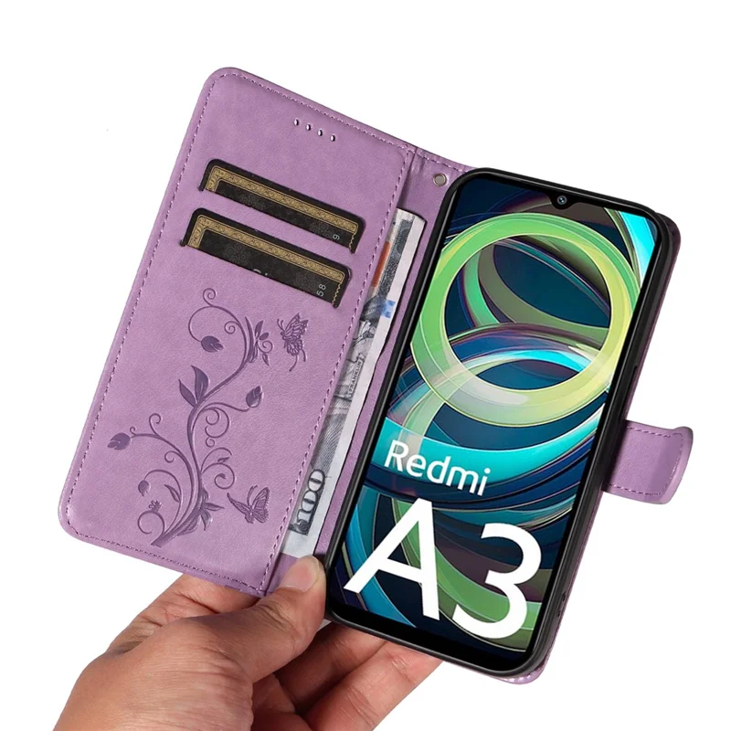 For Xiaomi Redmi A3 / Poco C61 4G PU Leather Cases Flower Pattern Wallet Stand Phone Cover with Strap - Purple