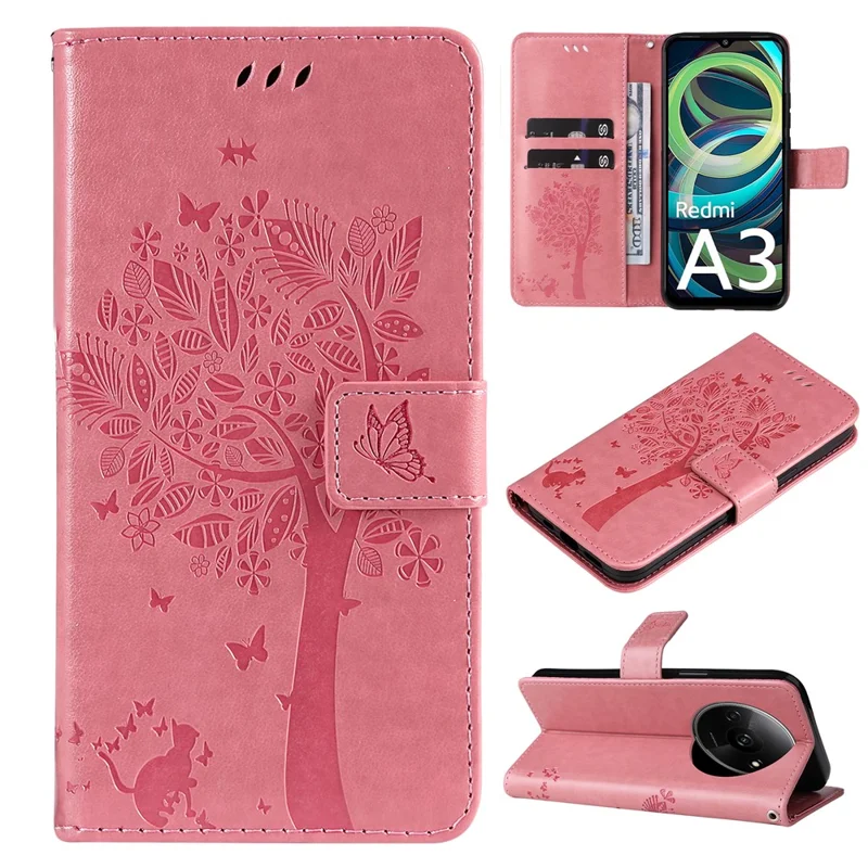 KT Imprinting Flower Series-3 Para Xiaomi Redmi A3 / Poco C61 4G Wallet Case Cat Tree Pattern Leather Phone Cover - Pink