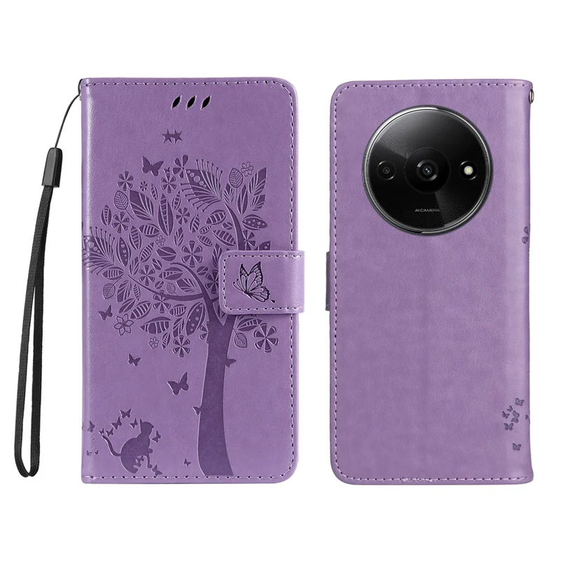 For Xiaomi Redmi A3 / Poco C61 4G Phone Case with Stand Cat Tree Pattern Leather Wallet Mobile Cover - Light Purple