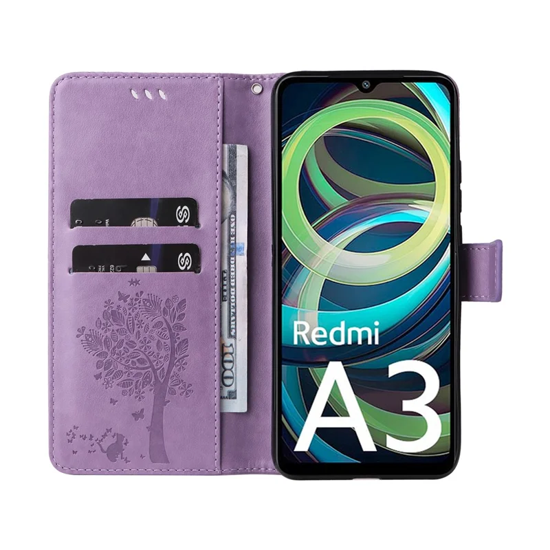 For Xiaomi Redmi A3 / Poco C61 4G Phone Case with Stand Cat Tree Pattern Leather Wallet Mobile Cover - Light Purple