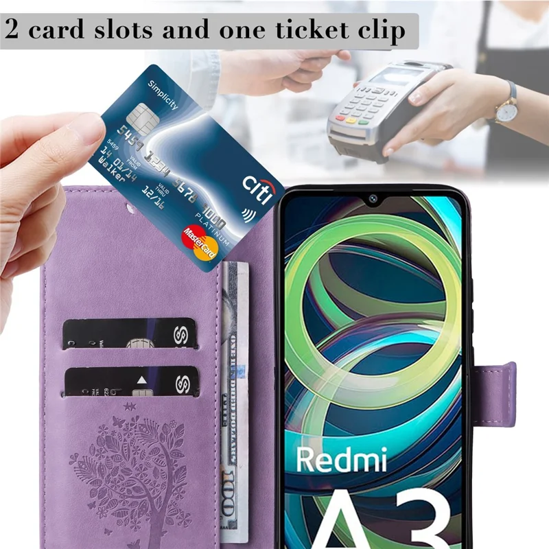 For Xiaomi Redmi A3 / Poco C61 4G Phone Case with Stand Cat Tree Pattern Leather Wallet Mobile Cover - Light Purple