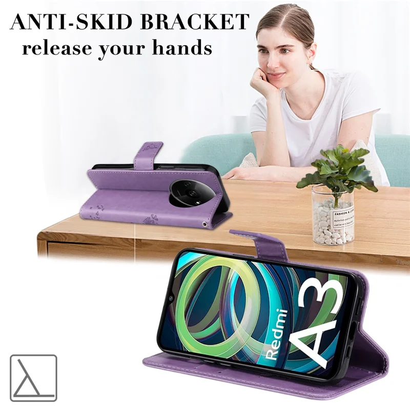 For Xiaomi Redmi A3 / Poco C61 4G Phone Case with Stand Cat Tree Pattern Leather Wallet Mobile Cover - Light Purple