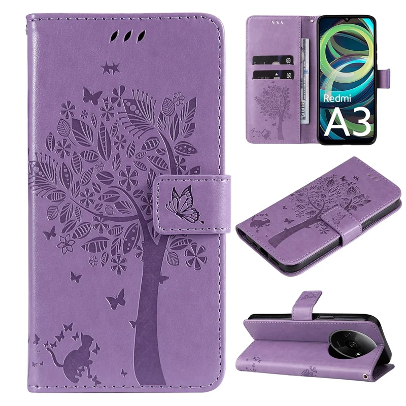 For Xiaomi Redmi A3 / Poco C61 4G Phone Case with Stand Cat Tree Pattern Leather Wallet Mobile Cover - Light Purple