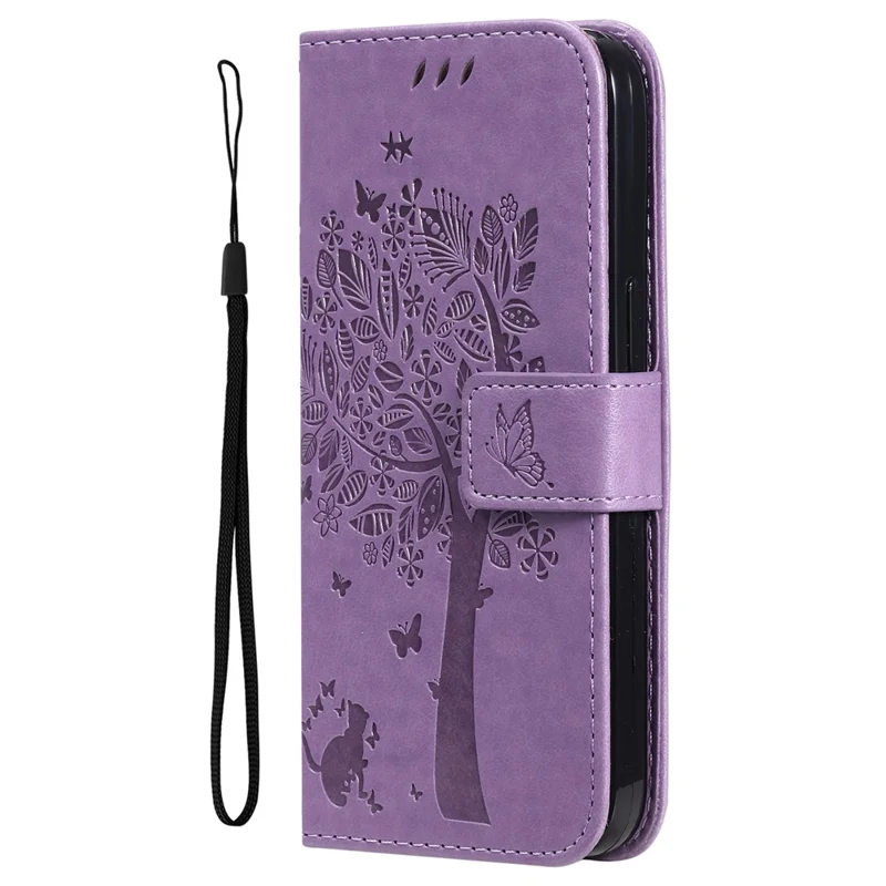 For Xiaomi Redmi A3 / Poco C61 4G Phone Case with Stand Cat Tree Pattern Leather Wallet Mobile Cover - Light Purple