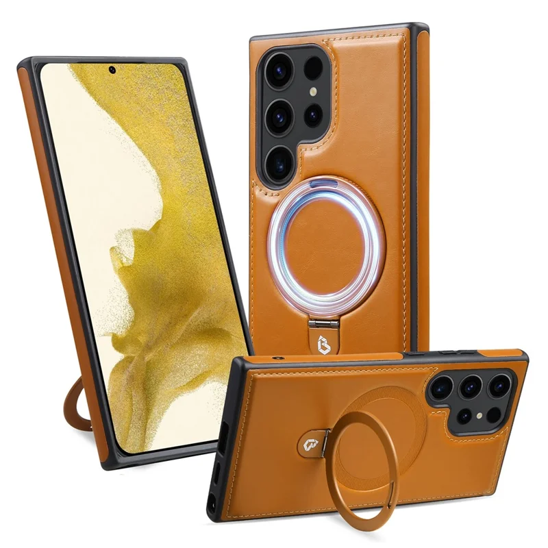 Für Samsung Galaxy S24 Ultra Magnetische Hülle Leder+TPU Ring Ständer Handyhülle - Braun