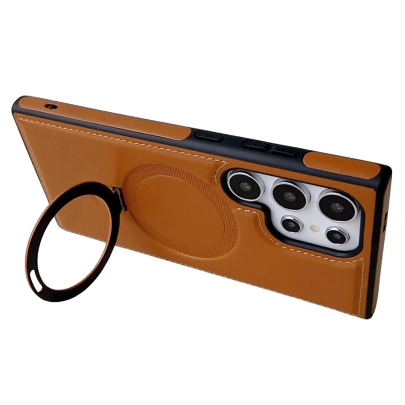 Für Samsung Galaxy S24 Ultra Magnetische Hülle Leder+TPU Ring Ständer Handyhülle - Braun
