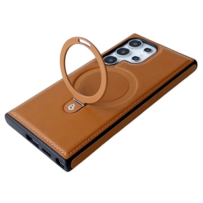 Für Samsung Galaxy S24 Ultra Magnetische Hülle Leder+TPU Ring Ständer Handyhülle - Braun