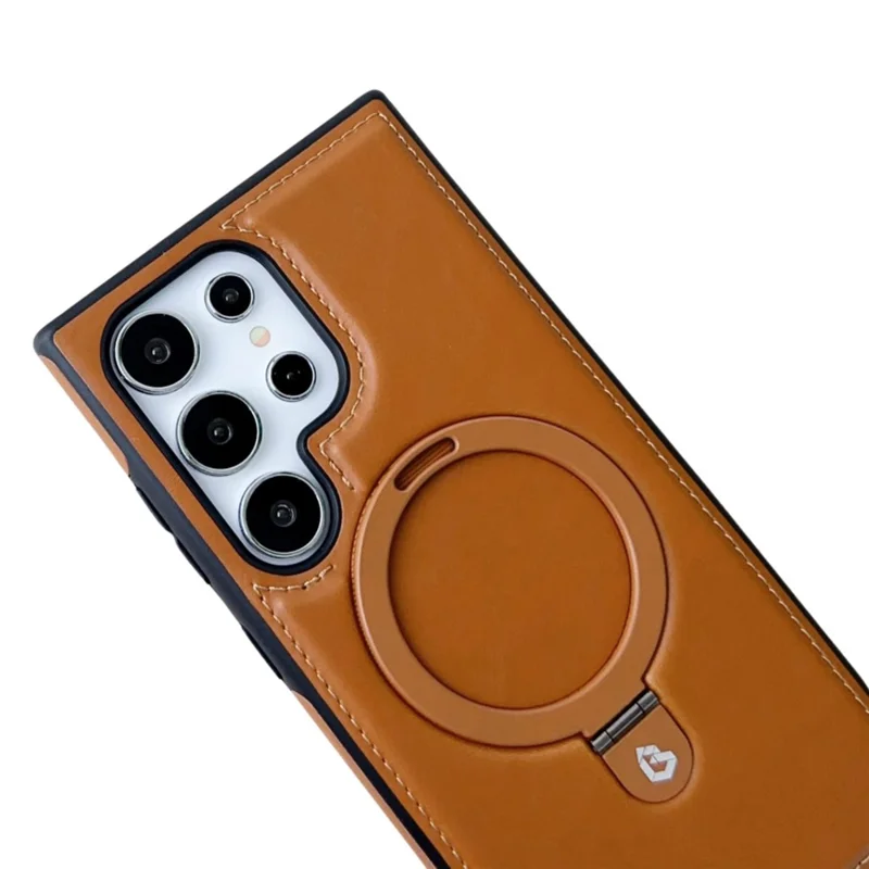 Für Samsung Galaxy S24 Ultra Magnetische Hülle Leder+TPU Ring Ständer Handyhülle - Braun