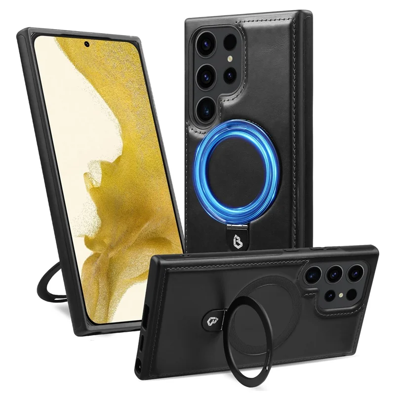 For Samsung Galaxy S24 Ultra Magnetic Case Leather+TPU Ring Kickstand Phone Cover - Black