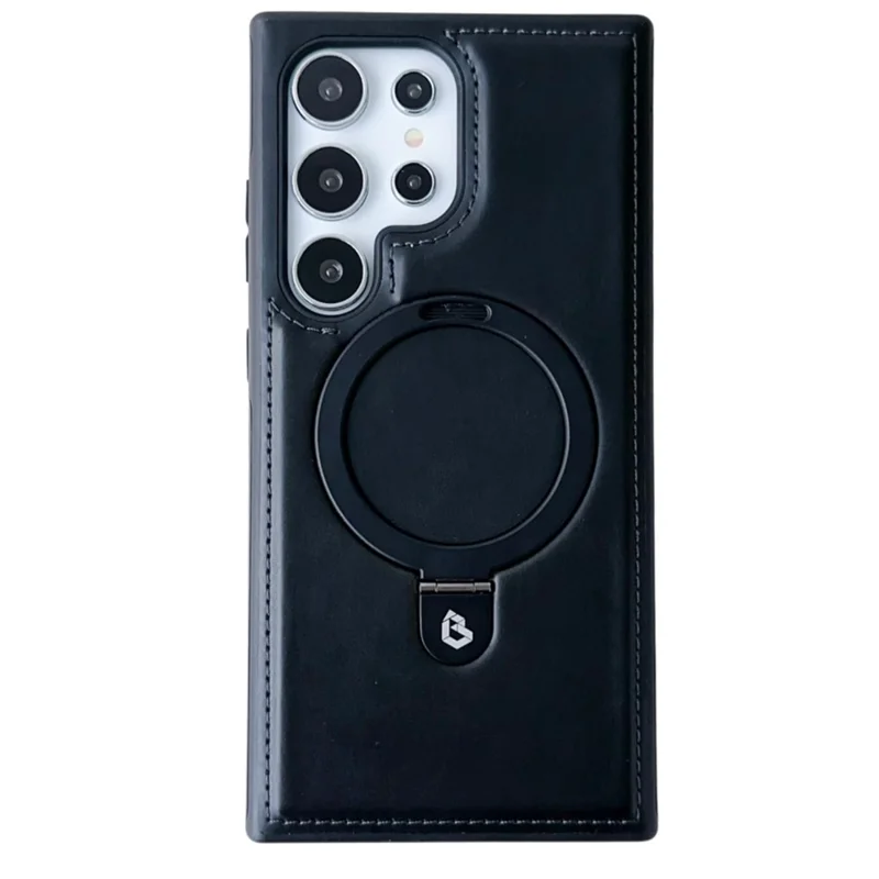For Samsung Galaxy S24 Ultra Magnetic Case Leather+TPU Ring Kickstand Phone Cover - Black