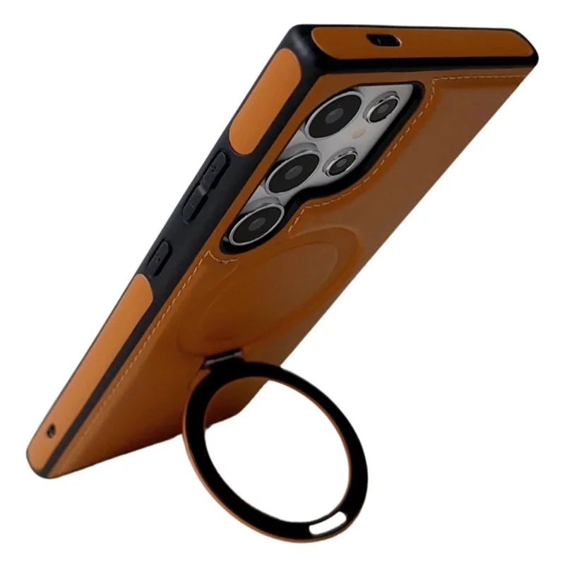 For Samsung Galaxy S24 Ultra Magnetic Case Leather+TPU Ring Kickstand Phone Cover - Black