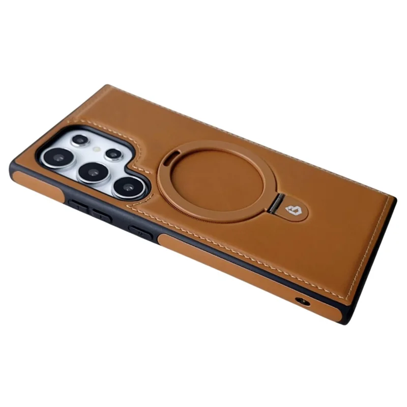 For Samsung Galaxy S24 Ultra Magnetic Case Leather+TPU Ring Kickstand Phone Cover - Black