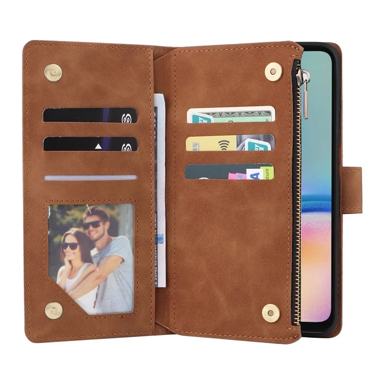 For Samsung Galaxy S23 FE Case Ziiper Leather Phone Cover with Multiple Card Slots Wallet - Brown