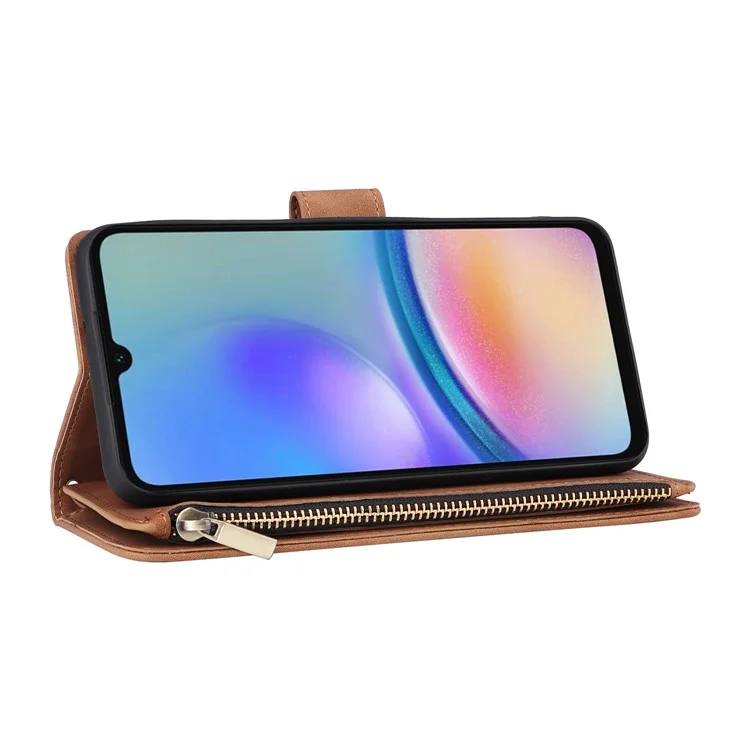 For Samsung Galaxy S23 FE Case Ziiper Leather Phone Cover with Multiple Card Slots Wallet - Brown