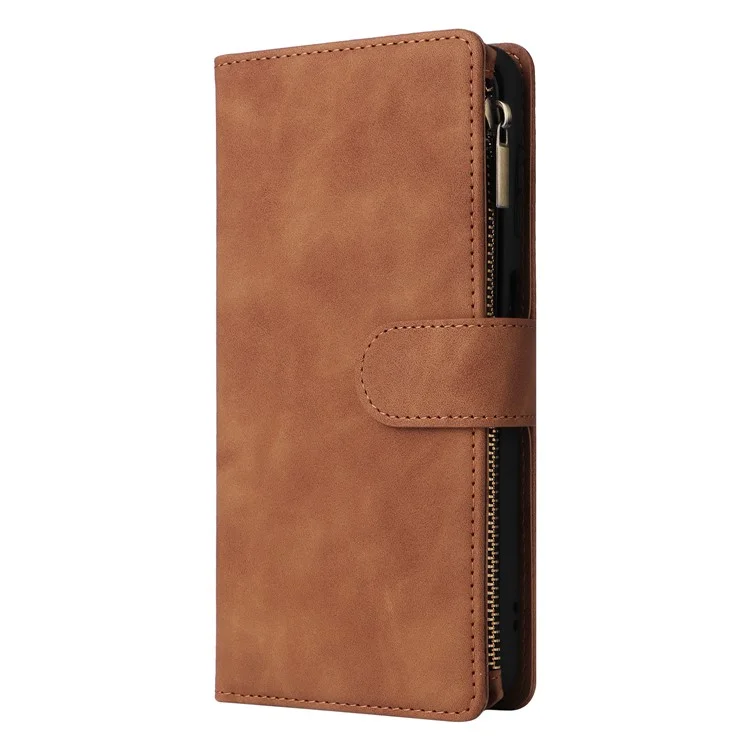 Para Samsung Galaxy A55 5G Caja Múltiples Ranuras para Tarjetas Cremallera Cubierta de Billetera de Cuero - Marrón