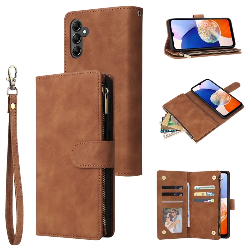 For Samsung Galaxy A15 4G / 5G Case with Card Slots PU Leather Zipper Wallet Phone Cover - Brown
