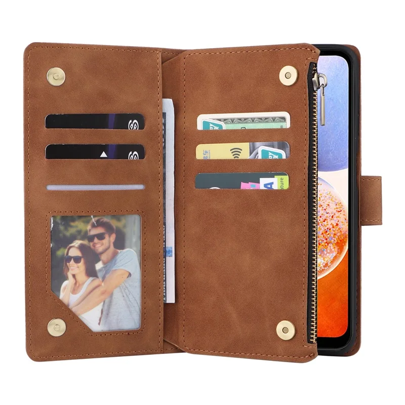 For Samsung Galaxy A15 4G / 5G Case with Card Slots PU Leather Zipper Wallet Phone Cover - Brown