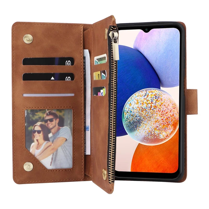 For Samsung Galaxy A15 4G / 5G Case with Card Slots PU Leather Zipper Wallet Phone Cover - Brown