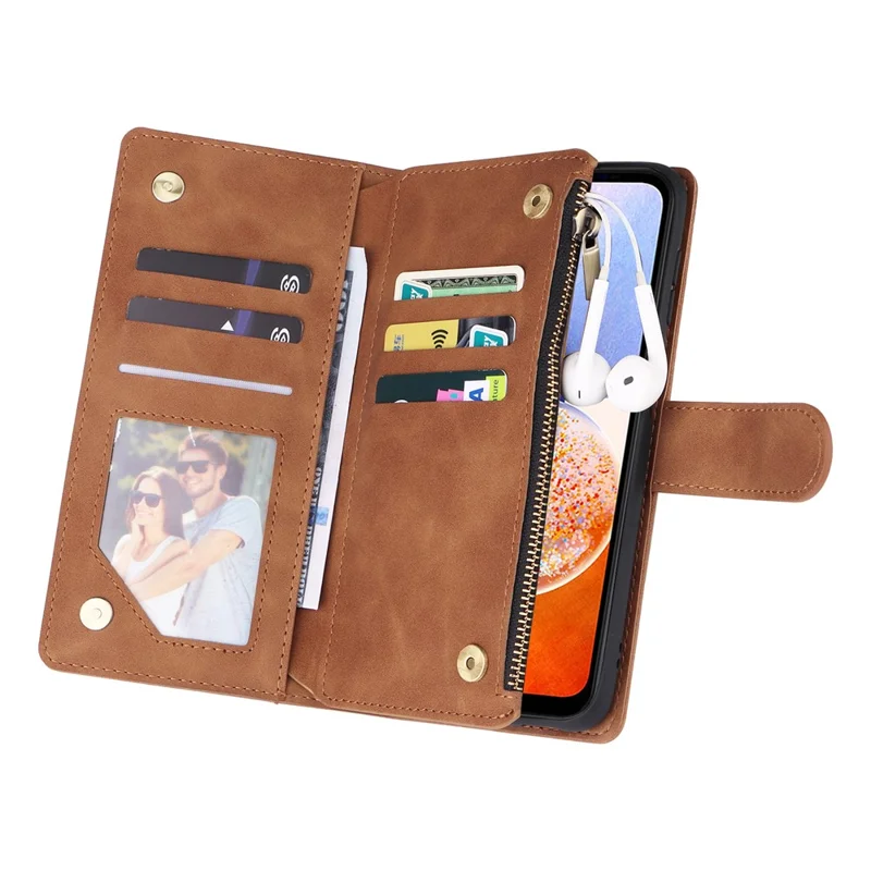 For Samsung Galaxy A15 4G / 5G Case with Card Slots PU Leather Zipper Wallet Phone Cover - Brown