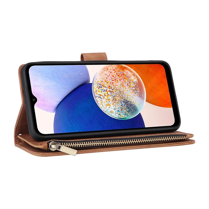 For Samsung Galaxy A15 4G / 5G Case with Card Slots PU Leather Zipper Wallet Phone Cover - Brown