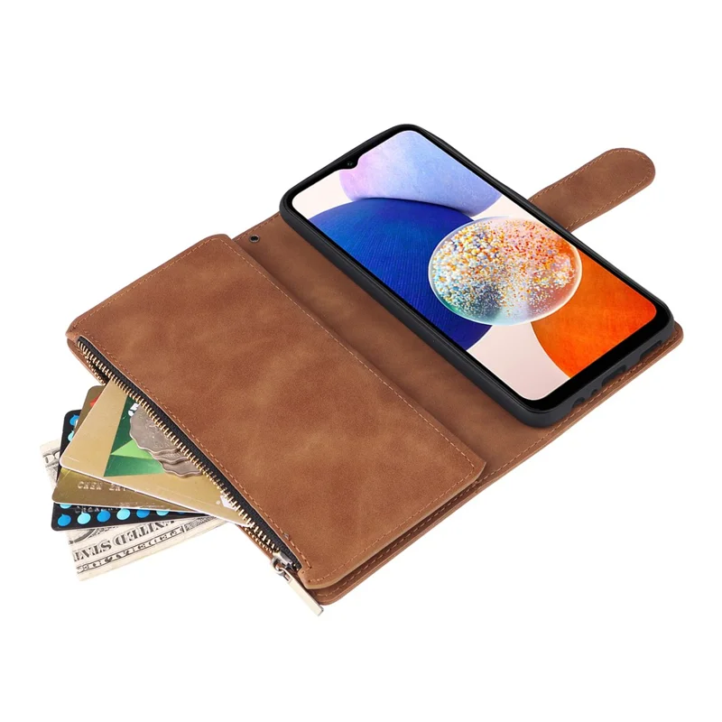 For Samsung Galaxy A15 4G / 5G Case with Card Slots PU Leather Zipper Wallet Phone Cover - Brown