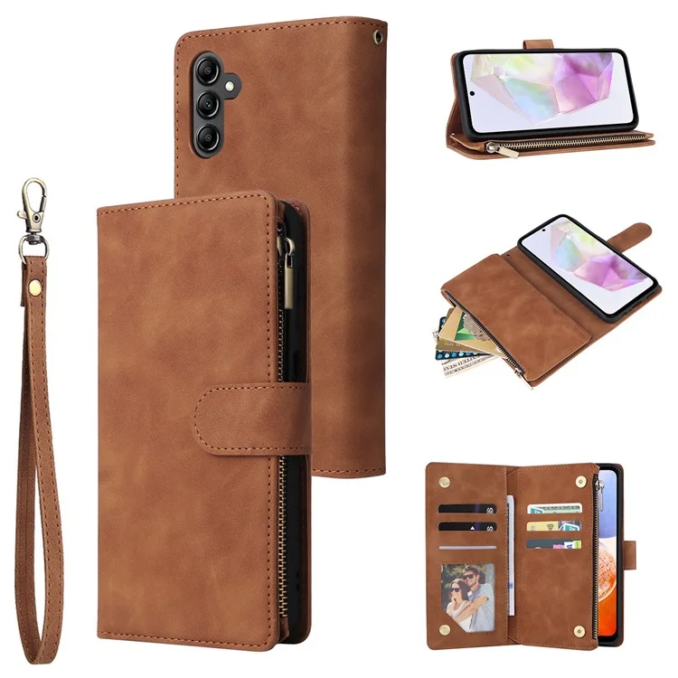 Für Samsung Galaxy A35 5G Case Zipper Lederbrieftasche mit mehreren Kartenfächern - Braun