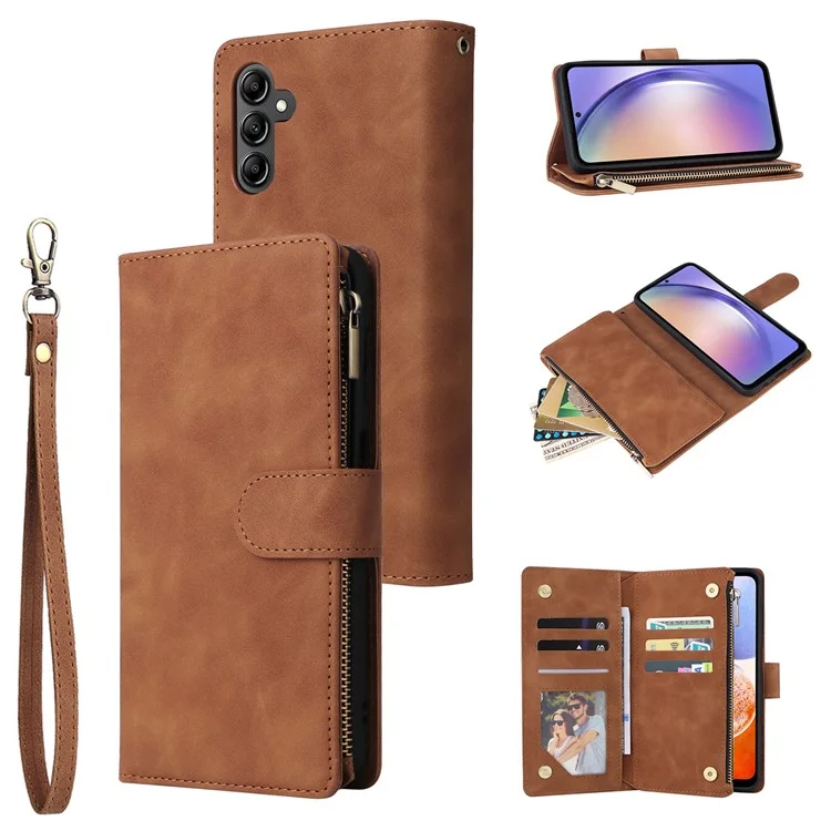 Per Samsung Galaxy A54 5G Case Multiple Card Slots PU Leather Zipper Phone Cover - Marrone