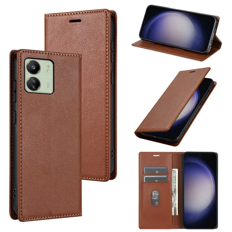 BKS-001 Para Xiaomi Redmi 13C 4G / 13C 5G / Poco C65 4G / Poco M6 5G / 13R 5G Funda de Cuero PU Cubierta Resistente a Caídas Magnética - Marrón