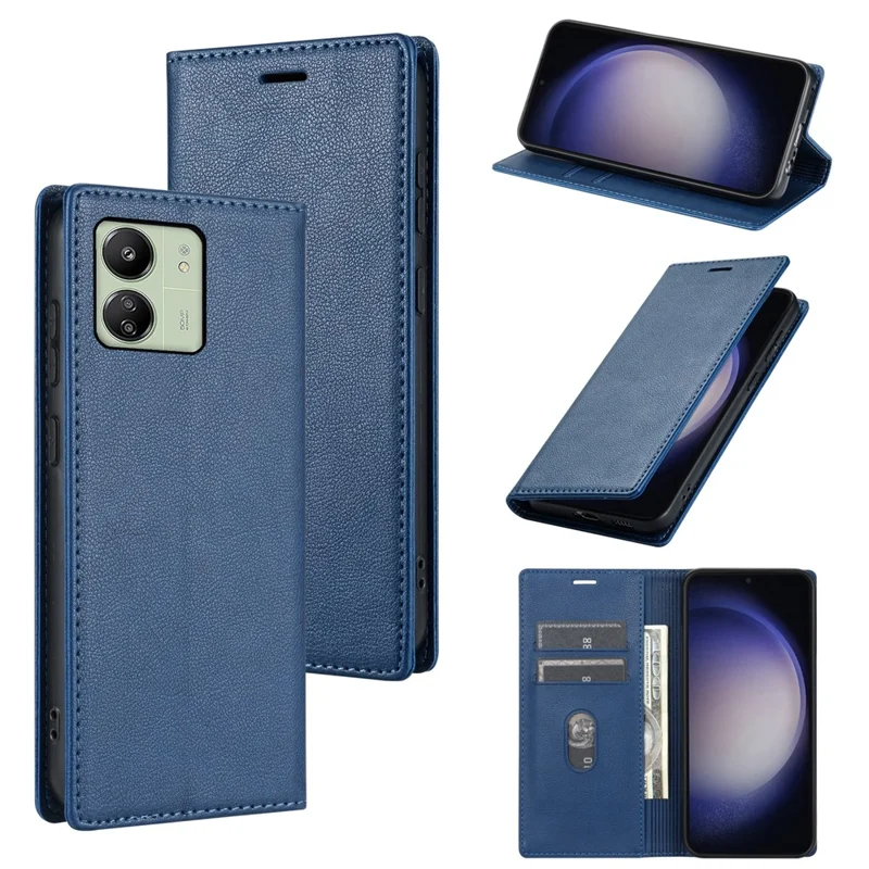 BKS-001 For Xiaomi Redmi 13C 4G / 13C 5G / Poco C65 4G / Poco M6 5G / 13R 5G Case PU Leather Cover Magnetic Drop-Resistant Shell - Blue