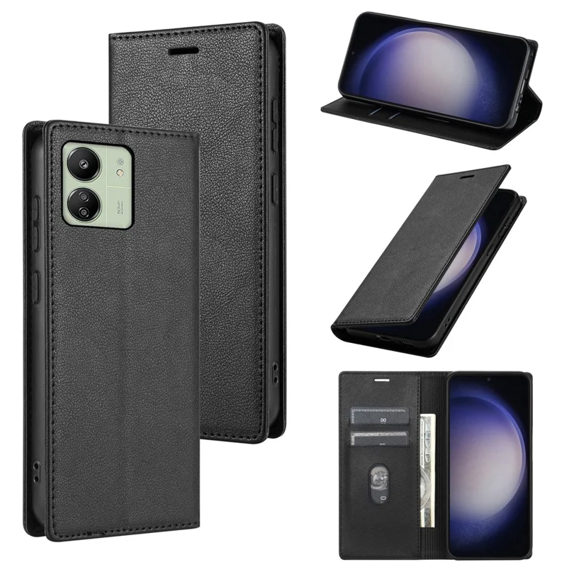 BKS-001 For Xiaomi Redmi 13C 4G / 13C 5G / Poco C65 4G / Poco M6 5G / 13R 5G Case PU Leather Cover Magnetic Drop-Resistant Shell - Black