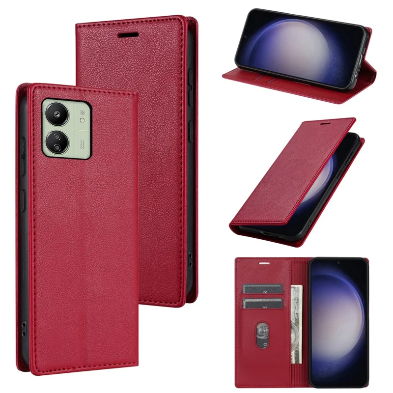 BKS-001 For Xiaomi Redmi 13C 4G / 13C 5G / Poco C65 4G / Poco M6 5G / 13R 5G Case PU Leather Cover Magnetic Drop-Resistant Shell - Red