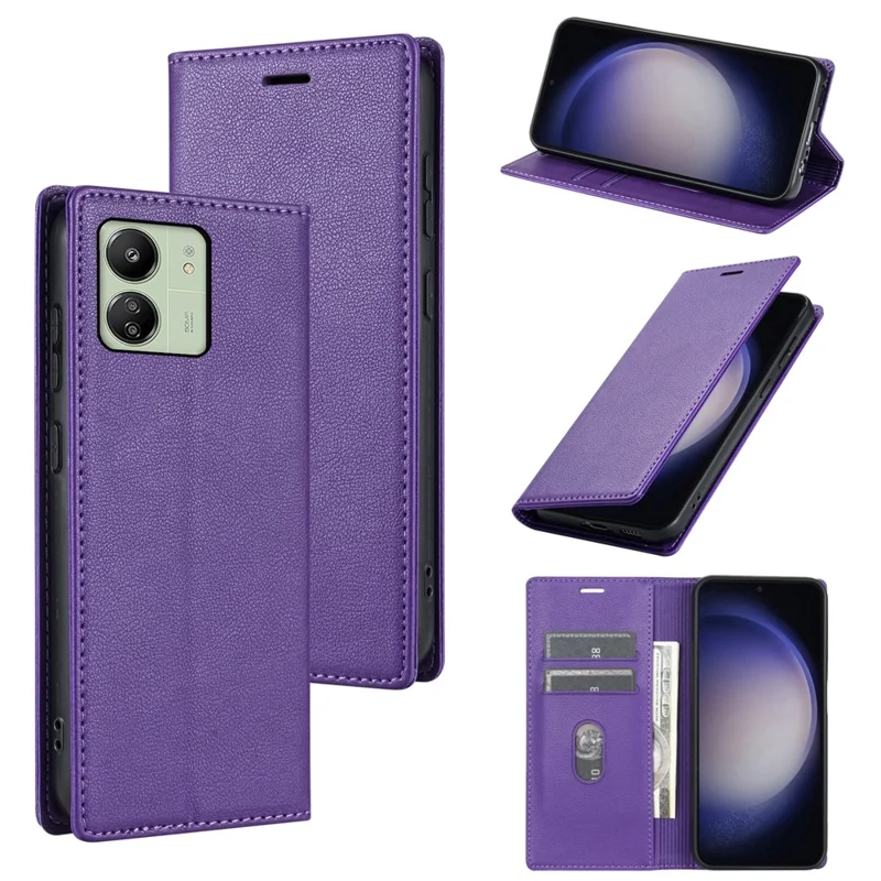 BKS-001 For Xiaomi Redmi 13C 4G / 13C 5G / Poco C65 4G / Poco M6 5G / 13R 5G Case PU Leather Cover Magnetic Drop-Resistant Shell - Purple