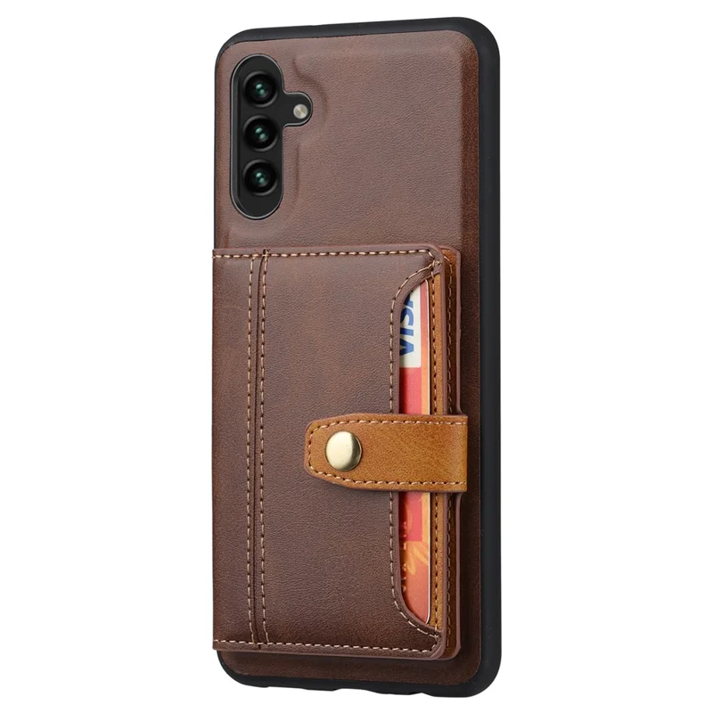 For Samsung Galaxy A55 5G Phone Case Card Holder PU Leather+TPU Kicsktand Cover - Brown