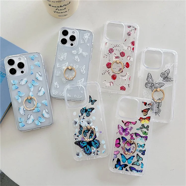 Für iPhone 15 Pro Case Butterfly Pattern Printing TPU Airbag Phone Cover mit Ständer - Style A