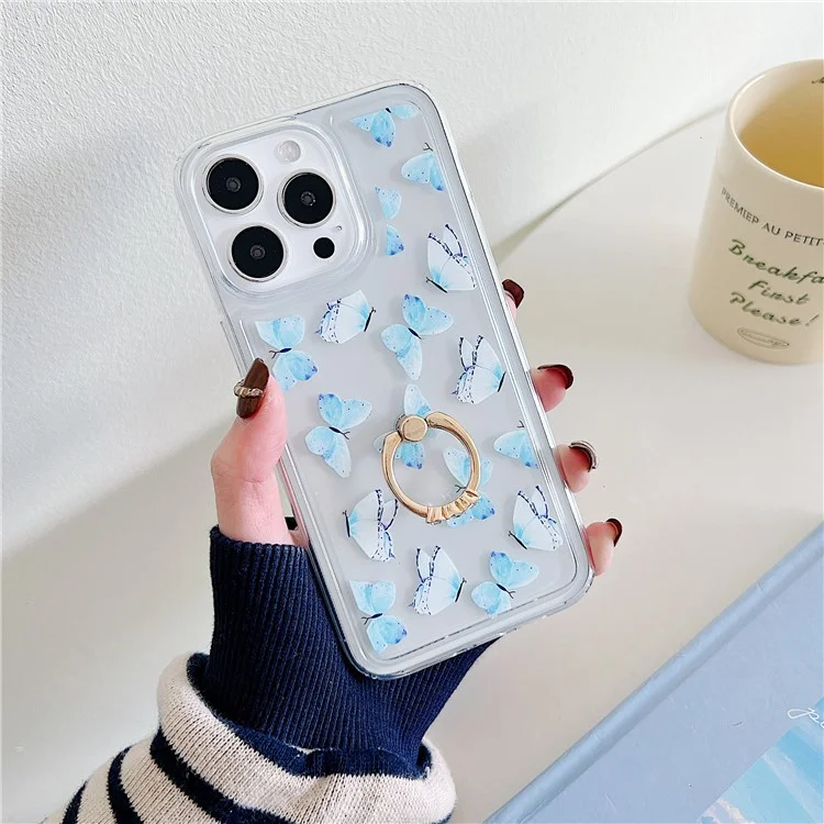 For iPhone 15 Pro Max Phone Case Butterfly Pattern TPU Airbag Cover with Kickstand - Style F