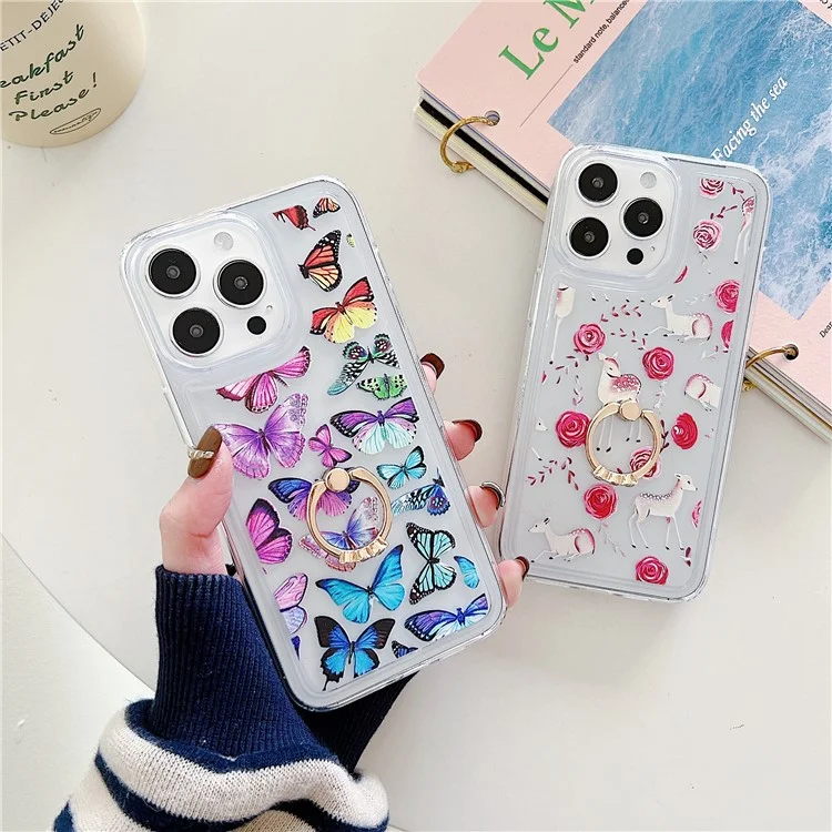 For iPhone 15 Pro Max Phone Case Butterfly Pattern TPU Airbag Cover with Kickstand - Style F