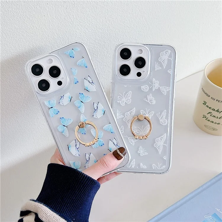 For iPhone 15 Pro Max Phone Case Butterfly Pattern TPU Airbag Cover with Kickstand - Style F
