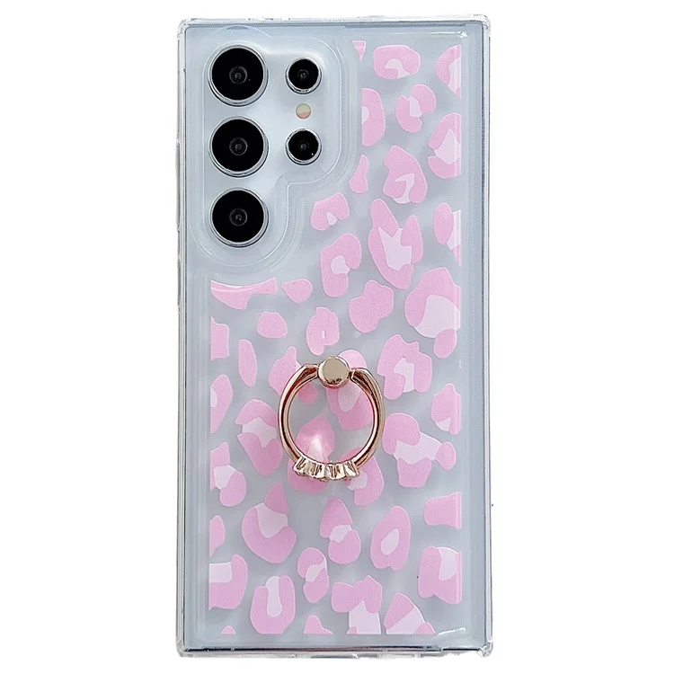 For Samsung Galaxy S23 Ultra Case Ring Kickstand Anti-drop Airbag TPU Cell Phone Cover - Pink Leopard